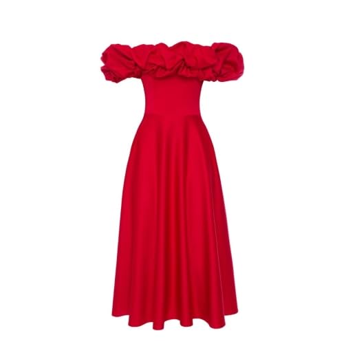 Swing Fashion Rotes ausgestelltes Midikleid mit spanischem Ausschnitt und Rüschenverzierung Grace | Größe 38 von Swing Fashion