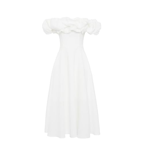 Swing Fashion Weißes ausgestelltes Midikleid mit spanischem Ausschnitt und Rüschenverzierung Grace | Größe 38 von Swing Fashion