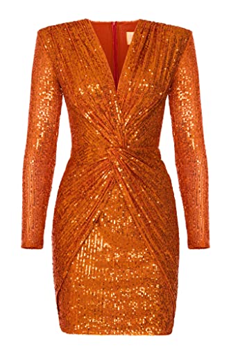 Swing Fashion Women's Dolores | Orange Minikleid Damen | Elegantes Festliches Partykleid | Abendkleid | Hochzeitskleider | Kurzkleid | Kleid mit Pailletten | V-Ausschnitt | Langarm 40 (L) von Swing Fashion