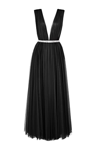 Swing Fashion Women's Flora | Schwarz Langes Damen | Elegantes Kleid | Abendkleid | Ballkleid | Brautjungfernkleid | Cocktailkleid | Langkleider | Maxikleid | Tüllkleid | Tiefer Ausschnitt 34/36 XS/S von Swing Fashion