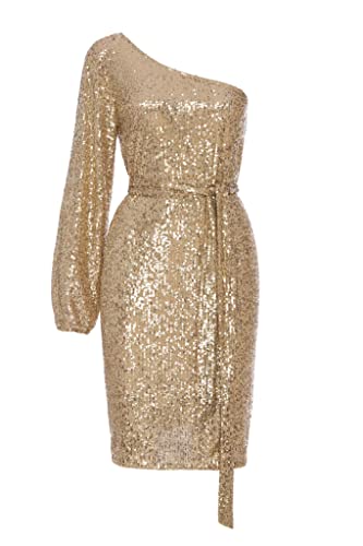 Swing Fashion Women's Marley Minikleid Damen | Elegantes Festliches Partykleid | Abendkleid | Hochzeitskleider | Kurzkleid | Glitzer Sexy | EIN Schulter Kleid | Gold | 38 (M) von Swing Fashion