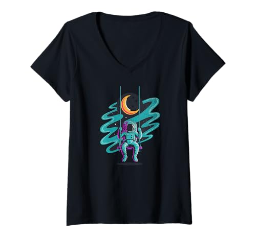 Damen Lustiger Astronauten-Schaukel auf Mond | Cosmic Swing Retro Design T-Shirt mit V-Ausschnitt Damen Lustiger Astronauten-Schaukel auf Mond | Cosmic Swing Retro Design T-Shirt mit V-Ausschnitt von Swinging Astronaut Retro Space Swing