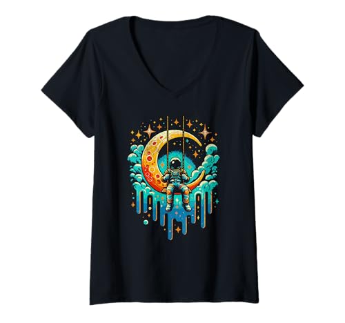 Damen Lustiger Astronauten-Schaukel auf Mond | Cosmic Swing Retro Design T-Shirt mit V-Ausschnitt Damen Lustiger Astronauten-Schaukel auf Mond | Cosmic Swing Retro Design T-Shirt mit V-Ausschnitt von Swinging Astronaut Retro Space Swing