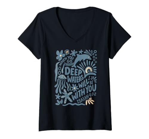 Damen Deep Waters Swirl Waves Bibelvers Isaia 43:2 Christian T-Shirt mit V-Ausschnitt von Swirl Waves Bible Verse Faith Quote Art