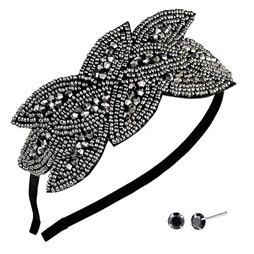 1920 Stirnband, S Größe Gatsby Stirnband Leaf Perlen Crystal Vintage 1920er Jahre Flapper Stirnband für Frauen 1pcs, mit 925 Sterling Silber Ohrstecker 1 Paar von SwirlColor