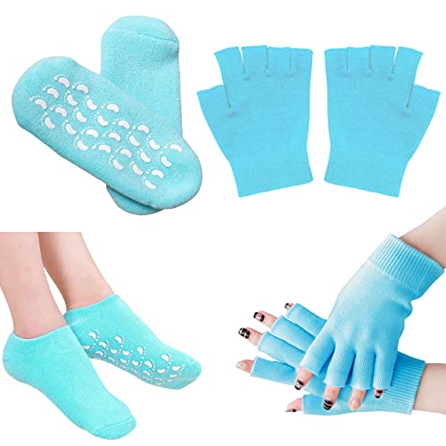 Gel Socken Damen mit Elastischem Anti-Rutsch-Baumwollgel Hand-Spa Feuchtigkeitsspendende Handschuhe Blau 1 Paar Socken + 1 Paar Handschuhe (EU-Größe 35-43,5) von SwirlColor