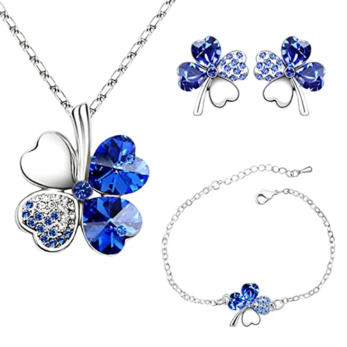 Kleeblatt Kette Silber Ohrringe Vier Kleeblatt Armbänder verstellbare Anhänger Kette Set Pfirsich Herz Strass Kristall Inlayed Schmuck für Mädchen Frauen (blau) von SwirlColor