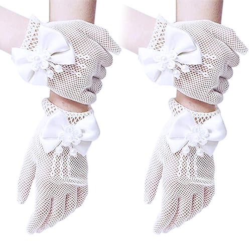 SwirlColor 2-Paare Mädchen Short Elegante Satin-Bogen-Fischnetz-Handschuhe Holes Handgelenk-Länge-Handschuhe für Blumen-Mädchen von SwirlColor