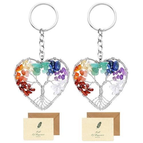 SwirlColor Baum des Lebens Schlüsselanhänger, 2 Herz-Form 7 Chakra Heilung Kristall Lebensbaum Schlüsselanhänger Edelstein Glück Anhänger Damen mit 2 Karte von SwirlColor