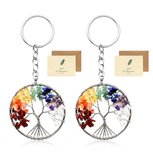 SwirlColor Baum des Lebens Schlüsselanhänger, 2 Runde 7 Chakra Heilung Kristall Lebensbaum Schlüsselanhänger Edelstein Glück Anhänger Schlüsselanhänger Damen mit 2 Karte von SwirlColor
