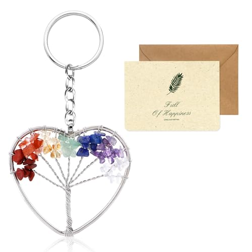 SwirlColor Baum des Lebens Schlüsselanhänger, Herz Schlüsselanhänger Kristall 7 Chakra Baum Anhänger Schlüsselanhänger Heilung Kristall Geschenke mit einer Karte für Familie und Freunde von SwirlColor