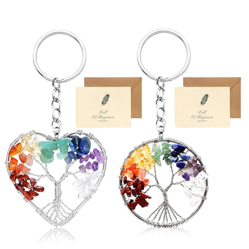SwirlColor Baum des Lebens Schlüsselanhänger 2pcs, schöne runde Herzform 7 Chakra Heilung Kristall Baum des Lebens Schlüsselanhänger Edelstein Glück Anhänger Schlüsselanhänger Schlüsselanhänger mit 2 von SwirlColor