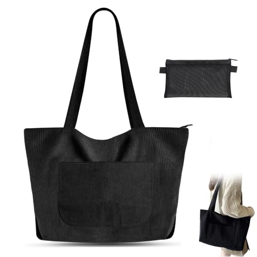 SwirlColor Tote Bag Aesthetic, Groß Umhängetasche Cord Tasche Damen Stofftasche mit Reißverschluss für College Schule Arbeit Büro Reisen Einkaufen Alltag, mit Bleistifttasche -Schwarz von SwirlColor