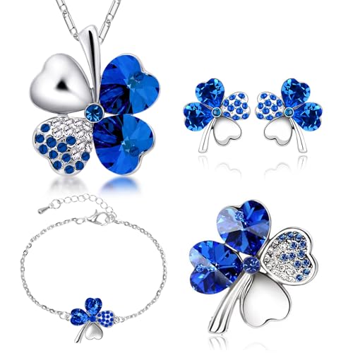 SwirlColor Damen Schmuck Kristall 4 Blättriges Kleeblatt Kette Vier Armband Glücksklee Brosche Neuheit Shamrock Ohrringe, Shamrock Schmuck Set für Mutter Tochter Freundin Frau 4pcs/Satz (Blau) von SwirlColor