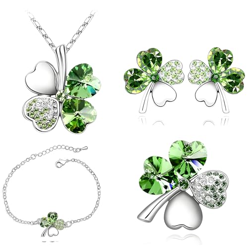 SwirlColor Damen Schmuck Kristall 4 Blättriges Kleeblatt Kette Vier Armband Glücksklee Brosche Neuheit Shamrock Ohrringe, Shamrock Schmuck Set für Mutter Tochter Freundin Frau 4pcs/Satz (Grün) von SwirlColor