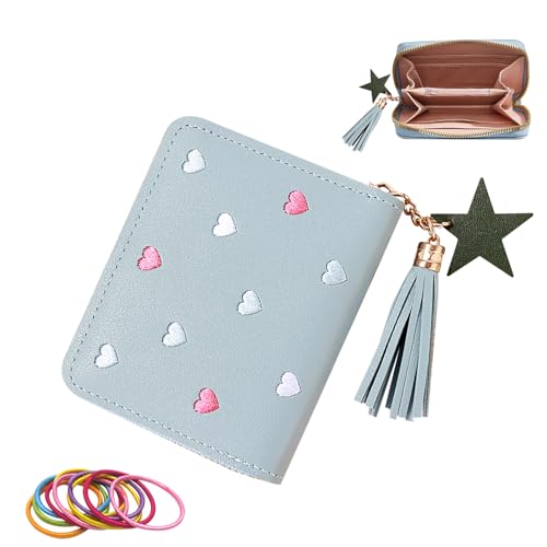 SwirlColor Geldbeutel Kinder, Nette Portmonee Kinder Portemonnaie Jungen mit Kartenhalter PU Leder Mini Geldbörse mit Quaste Reißverschluss für Teens Mädchen Frauen(Rosa) (Blau) von SwirlColor