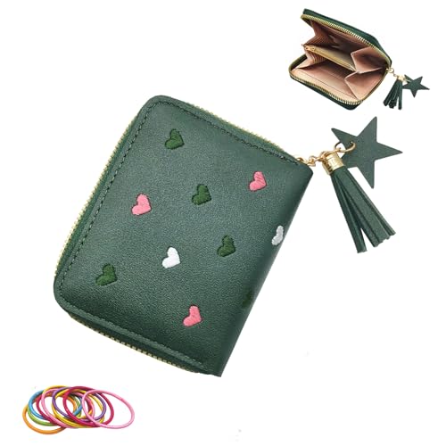 SwirlColor Geldbeutel Kinder, Nette Portmonee Kinder Portemonnaie Jungen mit Kartenhalter PU Leder Mini Geldbörse Kinder mit Quaste Reißverschluss für Kinder Teens Mädchen Frauen - Grün von SwirlColor