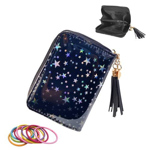 SwirlColor Geldbeutel Kinder, Schöne Schlanke Kurze Kleine Kinder Geldbörse mit Glänzenden Sternen Mustern, PVC Damen Geldbörse mit Quaste Reißverschluss für Teens Mädchen Frauen von SwirlColor