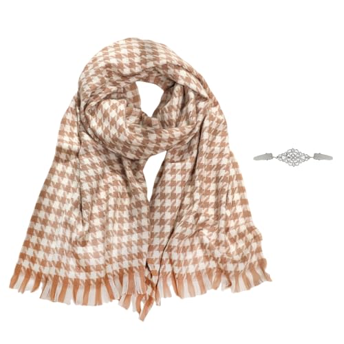 SwirlColor Hahnentritt Schal, Hahnentritt-Schal Weicher Bequemer Mehrzweck-langer Schal für Frauen Männer im Herbst-Winter-Frühling 1pcs, mit Klipp-Brosche 1 PC (Khaki und Weiß) von SwirlColor