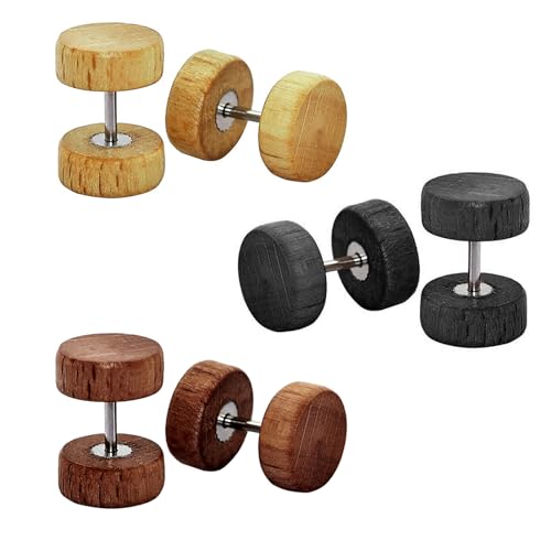 SwirlColor Herren Ohrringe Ohrstecker, 3-Paar Holz Ohrstecker Runde Durchbohrte Ohrringe Set Edelstahl Ohrring Nadeln Gefälschte Stecker Ohrringe für Männer und Jungen 10mm/0.4 Zoll von SwirlColor