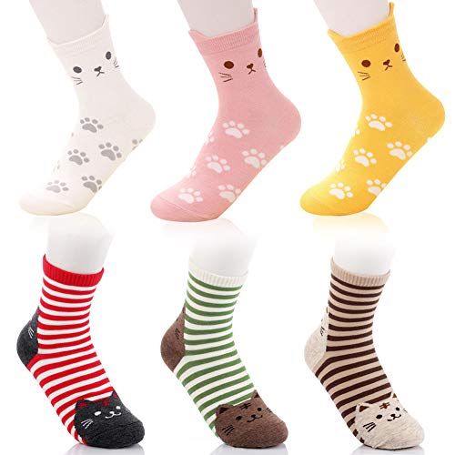 SwirlColor Katze-socken, Katzendrucksocken Zwei Arten Mehrfarbige Lustige Niedliche Tiersocken für Mädchen Frauen 6 Paare EU35-38 von SwirlColor