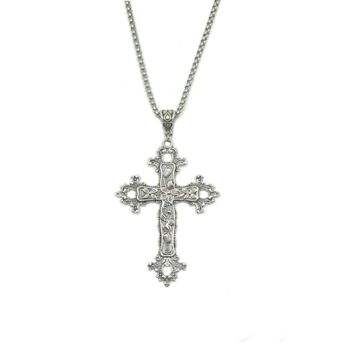 SwirlColor Kreuz Kette Herren, Große Gravierte Blume Gothic Kreuzkette Silber Herren Vintage Cross Necklace für Männer 60CM/23.6Zoll, mit einem Schmuckschatulle von SwirlColor