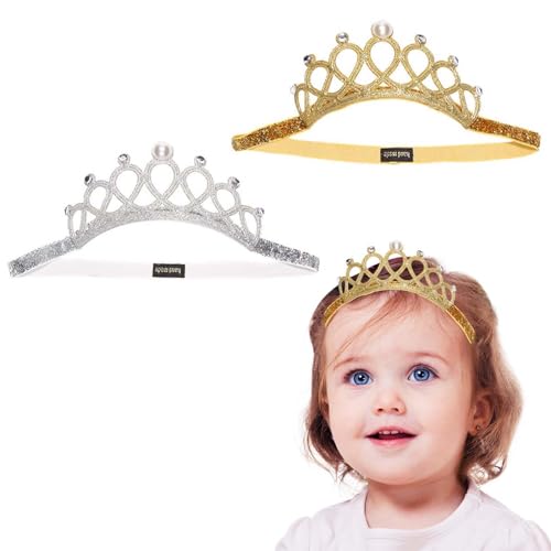 SwirlColor Krone Kinder Haarreif Krone Kinder Baby Krone Stirnband Kleinkind Säuglingshaarband Neugeborenen Haarband Mädchen Baby Prinzessin Haarband Zubehör-2 Stücke (Perle Haarreif) von SwirlColor