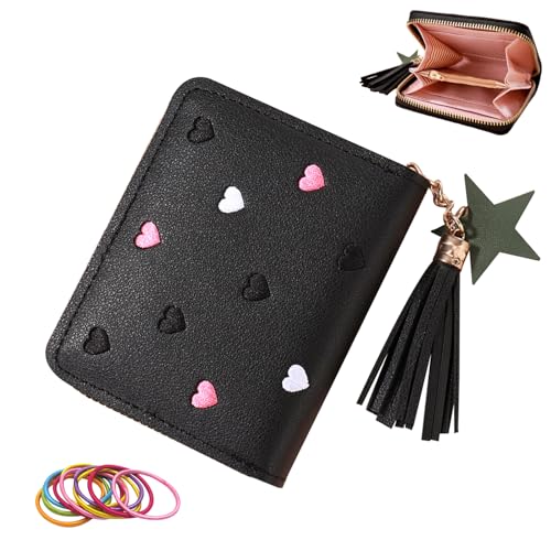 SwirlColor Geldbeutel Kinder, Nette Portmonee Kinder Portemonnaie Jungen mit Kartenhalter PU Leder Mini Geldbörse mit Quaste Reißverschluss für Teens Mädchen Frauen (Schwarz) von SwirlColor