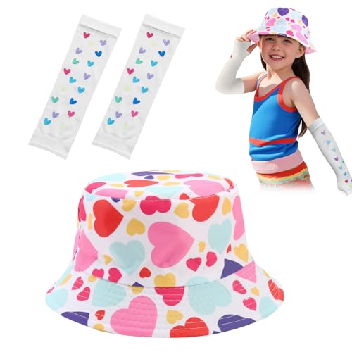 SwirlColor Mädchen Sonnenhut und Arm Ärmel Set, Nette Mädchen Herz Muster Eimer Hut mit Eis Ärmel Sommer Zubehör für Outdoor Strand Reisen von SwirlColor