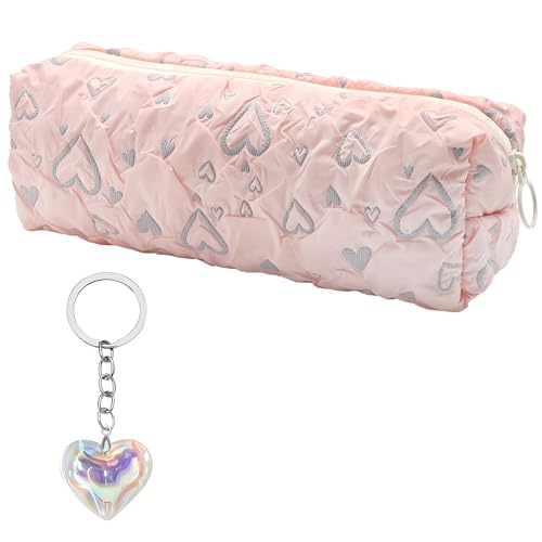 SwirlColor Niedliche Bleistifthülle für Mädchen mit Schlüsselanhänger, Frieden des Geistes weiche Naht rosa Herz Design kleine Prüfung Bleistifthülle mit großer Grundkapazität für die Schule von SwirlColor