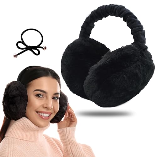 Ohrenwärmer Damen, Ohrenschützer Herren Faltbare Weiche Schwarze Plüsch-Ohrenschützer für Winter Kaltes Wetter, Gute Wahl für Outdoor-Radfahren, Laufen, Skifahren, mit Schwarzem Haarband 1 Stück von SwirlColor