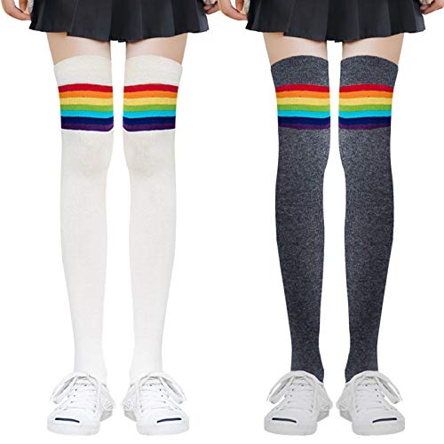 SwirlColor Over Kniestrümpfe Damen Baumwolle Rainbow Striped Kniestrümpfe Oberschenkelsocken für Cosplay Tägliche Tragen (Weiß und Grau) Einheitsgröße für 35-39 von SwirlColor