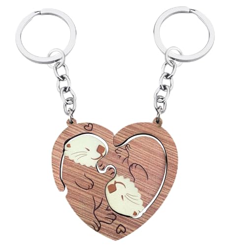 SwirlColor Schlüsselanhänger Partner, 2 Stück Nette Cartoon Holztiere von Otter Schlüsselanhänger Paar Geschenke für Ihn und Ihren Geburtstag Valentinstag Geschenke, mit einer Grußkarte von SwirlColor