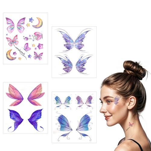 SwirlColor Schmetterling Tattoo Gesicht, 4Pcs Wasserdichte Schmetterling Gesicht Aufkleber Frauen Temporäre Tattoos für Make-up Cosplay Geburtstag Rave Party von SwirlColor