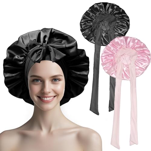 SwirlColor Seidenhaube zum Schlafen, 2 Stücke Bequeme Elastische Breite Schlafhaube Seide mit Elastischer Verstärkung Krawatte für Frauen Mädchen mit 5 Haarbändern (Pink+Schwarz) von SwirlColor