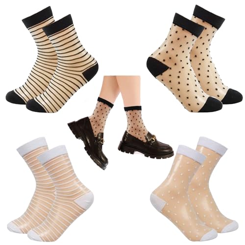 SwirlColor Transparente Socken, 4-Paar Atmungsaktive Dünne Durchsichtige Socken mit Gestreiftem Punkt Rüschen Socken Mesh Sommer Knöchelsocken für Frauen -Schwarz, Weiß von SwirlColor