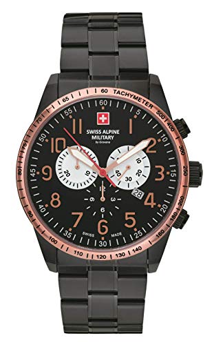 Grovana Swiss Alpine Military Herren Chronograph Uhr mit Edelstahlarmband 10 ATM, Black Ip/Schwarz/Rose - 9187sam, Armband von Swiss Military Hanowa