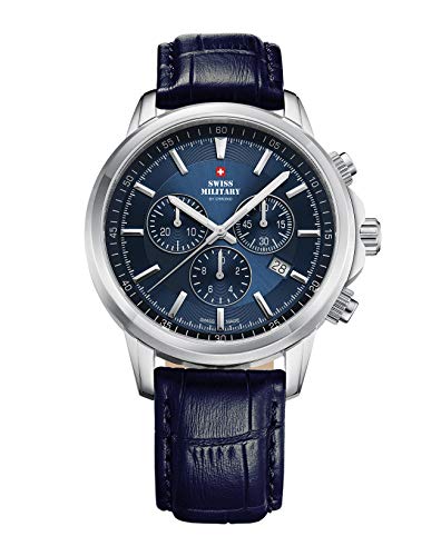 Swiss Military by Chrono Herren Uhr Chronograph Quarzuhrwerk mit Lederarmband Analoge Herrenuhr Armbanduhr Silber SM34052.13 von Swiss Military by Chrono