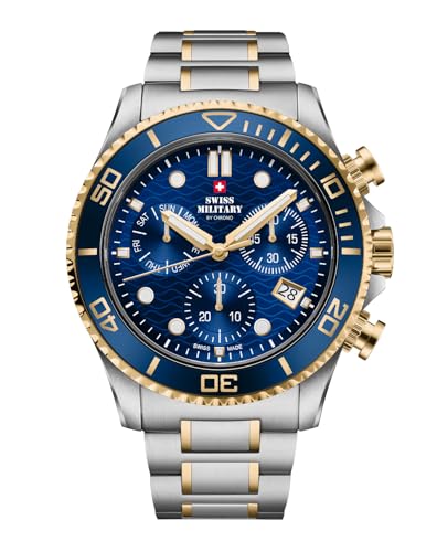 Swiss Military by Chrono Herren Uhr Chronograph Quarzwerk mit Edelstahl Metallarmband Analoge Herrenuhr Armbanduhr Silber Gold SM34101.04 von Swiss Military by Chrono