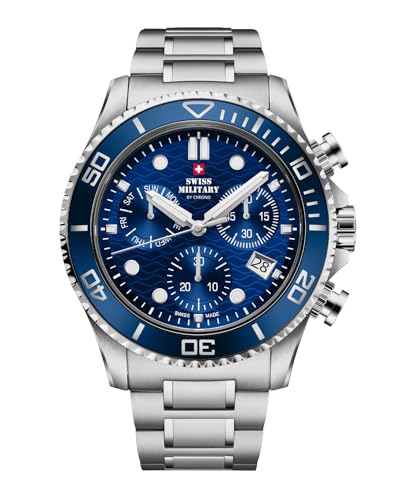 Swiss Military by Chrono Herren Uhr Chronograph Quarzwerk mit Edelstahl Metallarmband Analoge Herrenuhr Armbanduhr Silber SM34101.02 von Swiss Military by Chrono