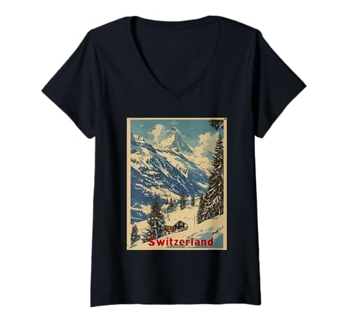 Damen Schweiz Snowy Mountain Scenic Poster T-Shirt mit V-Ausschnitt von Swiss Mountains Travel Landscape