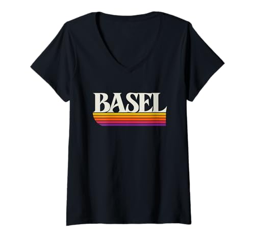 Damen Basel Schweiz Retro Grafik T-Shirt mit V-Ausschnitt von Swiss Throwbacks