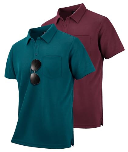 SwissWell 2er Pack Poloshirt Herren Kurzarm Golf Polo Männer T-Shirt Atmungsaktiv Polohemd, Burgunderrot+Cyanblau M von SwissWell