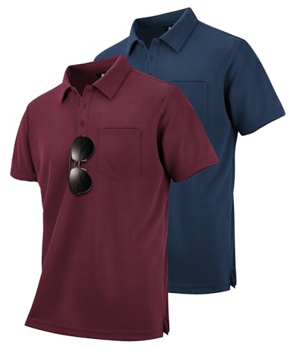 SwissWell 2er Pack Poloshirt Herren Kurzarm Golf Polo Männer T-Shirt Atmungsaktiv Polohemd, Burgunderrot+Marineblau L von SwissWell