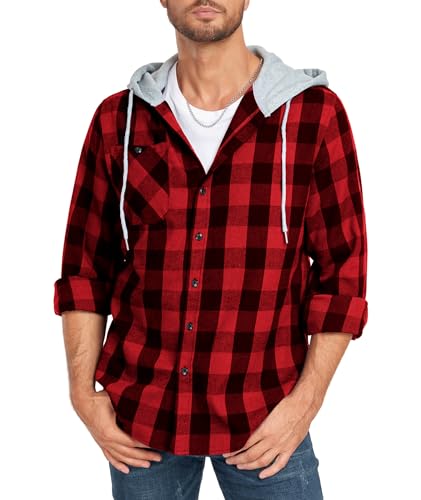 SwissWell Flanellhemd Herren Langarm holzfällerhemd Kariertes Hemd Casual Button Down Freizeithemd mit Kapuzen Regular Fit, Rot von SwissWell