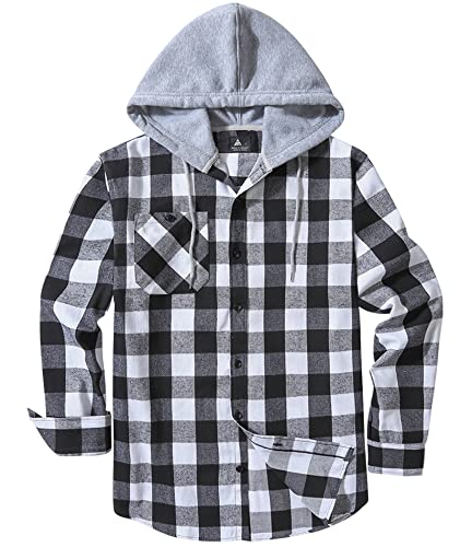 SwissWell Flanellhemd Herren Langarm holzfällerhemd Kariertes Hemd Casual Button Down Freizeithemd mit Kapuzen Regular Fit, Weiß Schwarz von SwissWell