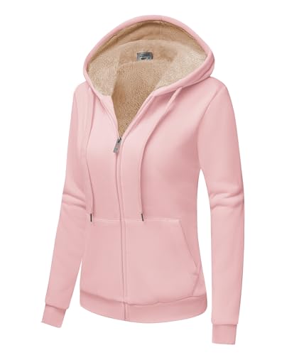 SwissWell Fleecejacke Damen Hoodie mit Kapuze Sweatjacke Warm Basic Kapuzenjacke mit Reißverschluss Causal Kapuzenpullover Plüschjacke Damen Winterjacket für Damen Hellrosa von SwissWell