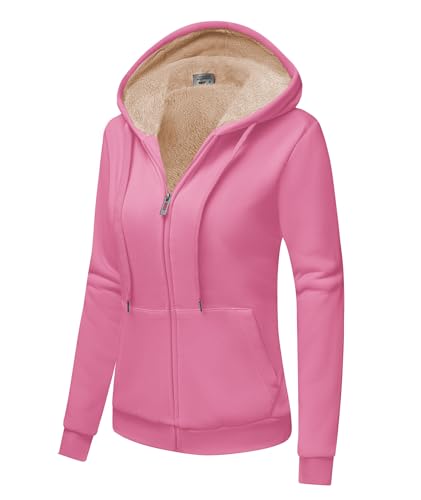 SwissWell Fleecejacke Damen Hoodie mit Kapuze Sweatjacke Warm Basic Kapuzenjacke mit Reißverschluss Causal Kapuzenpullover Plüschjacke Damen Winterjacket für Damen Rosa von SwissWell