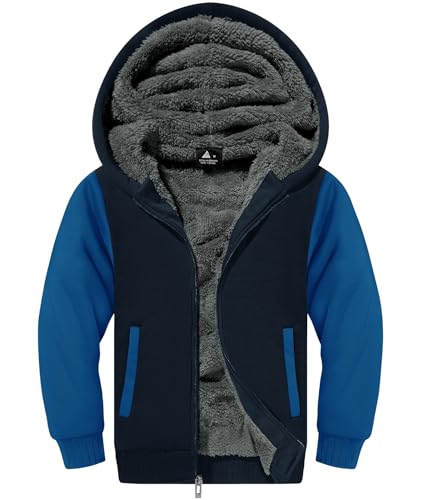 SwissWell Fleecejacke Kinder Jungen Warme Gefüttert Sweatjack Fleece Jacke mit Kapuze Jungen Winterjacke Kapuzenjacke für Kinder mit Reißverschluss Kuscheljacke Schwarz Blau M von SwissWell