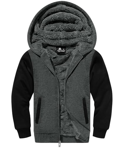 SwissWell Fleecejacke Kinder Jungen Warme Gefüttert Sweatjack Fleece Jacke mit Kapuze Jungen Winterjacke Kapuzenjacke für Kinder mit Reißverschluss Kuscheljacke Grau-Schwarz L von SwissWell